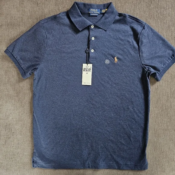 Polo Ralph Lauren Custom Slim-fit cotton piqué Heather Blue Men polo shirt Sz M